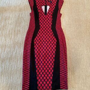 French Connection Elegant Red and Black Geometric Midi Dress